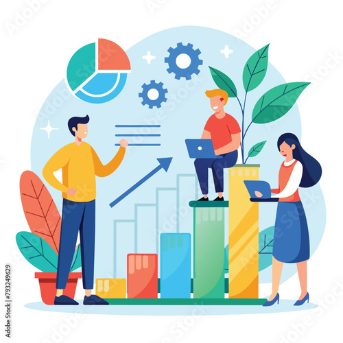 A man and a woman are seated on a bar chart, possibly analyzing growth data in a simple and minimalist setting, people analyze growth data, Simple and minimalist flat Vector Illustration