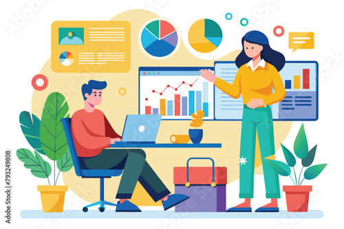 A man and a woman are seated at a table, both focused on a laptop, analyzing business data together, People analyzing business data from home trending, Simple and minimalist flat Vector Illustration © Iftikhar alam