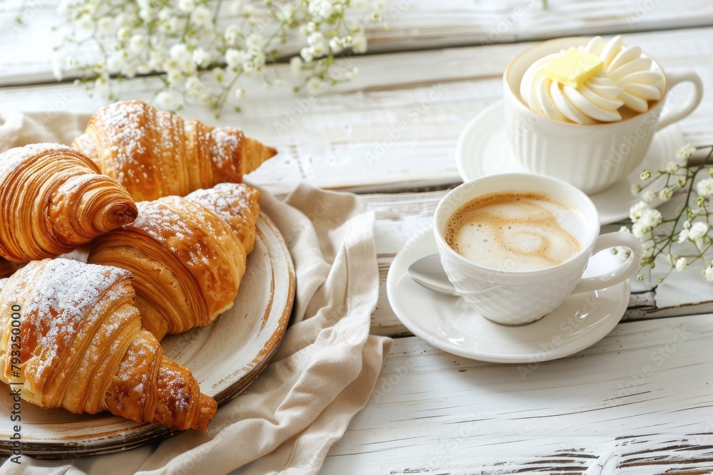 A white plate of croissants next to a cup of coffee. Perfect for breakfast concept A white plate of croissants next to a cup of coffee. Perfect for breakfast concept
