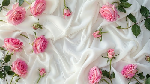 Top view of a white cloth adorned with vibrant pink roses blooming beautifully creating a perfect space for text placement