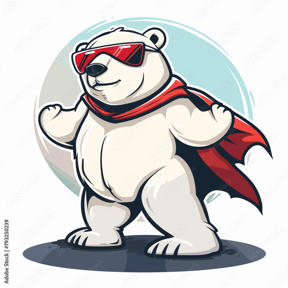 A cartoon polar bear wearing sunglasses and a red cape