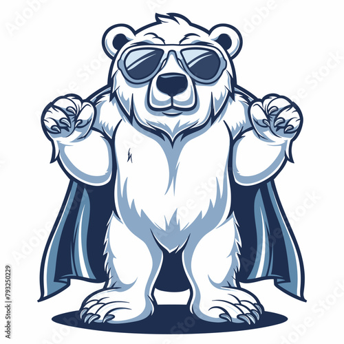 A cartoon bear with sunglasses on his face and a blue cape photo