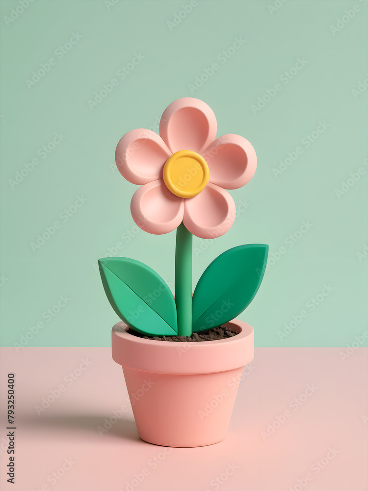 cute flat pink and green plastic flower stand, 3D clay render cute flat pink and green plastic flower stand, 3D clay render