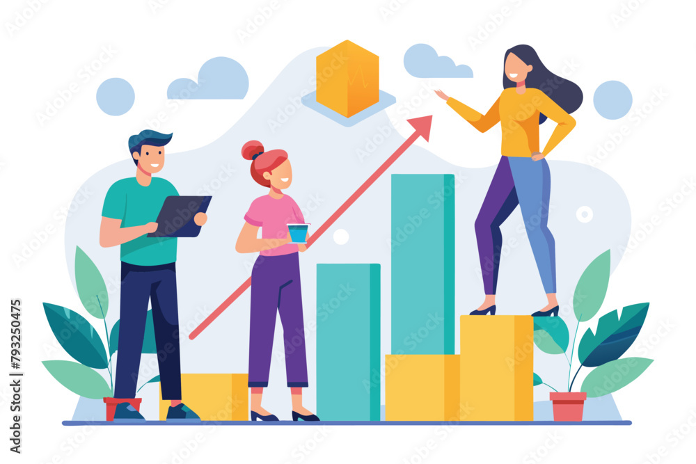 A group of individuals standing on the peak of a bar chart, analyzing growth and success trends, People analyzing growth chart, Simple and minimalist flat Vector Illustration