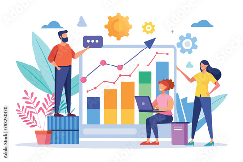 A man and a woman standing in front of a growth chart, studying and analyzing data, People analyzing growth chart, Simple and minimalist flat Vector Illustration