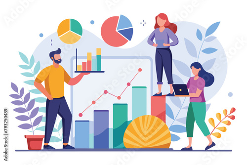 A diverse group of people stand around a bar chart, analyzing growth data together, people are analyzing growth dat, Simple and minimalist flat Vector Illustration