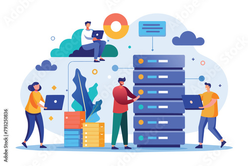 Team of professionals verifying and securing server data in a modern office environment, people are backing up server data, Simple and minimalist flat Vector Illustration