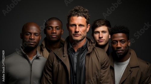 Confident diverse men posing in stylish outerwear