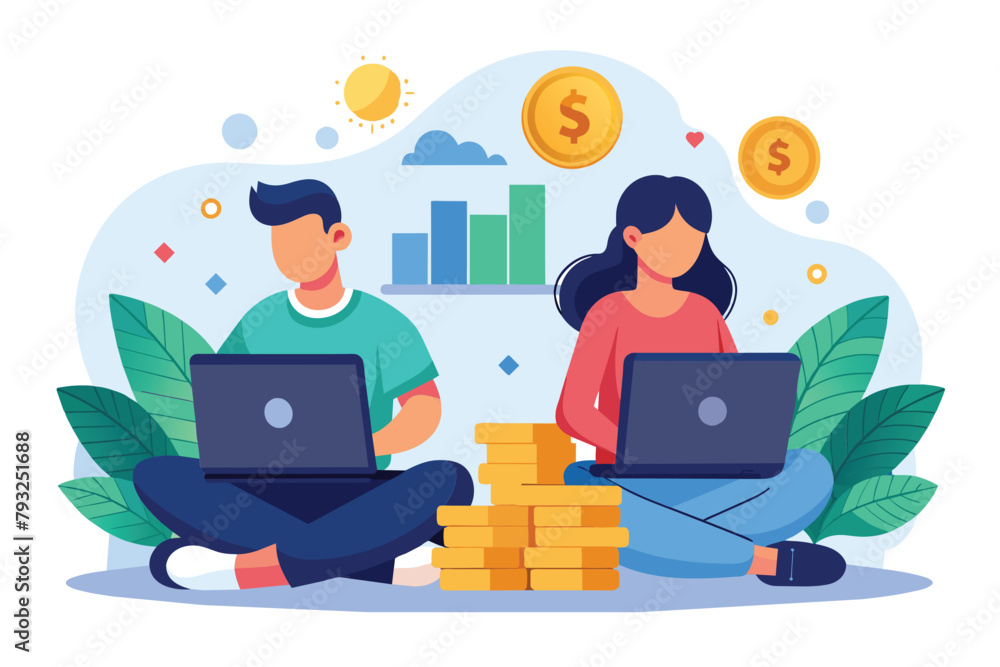 Two individuals are seated on the floor, each focused on their laptop screens, people are investing money using laptops, Simple and minimalist flat Vector Illustration Two individuals are seated on the floor, each focused on their laptop screens, people are investing money using laptops, Simple and minimalist flat Vector Illustration