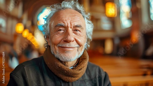 Portrait of a smiling senior man priest in an orthodox church photo