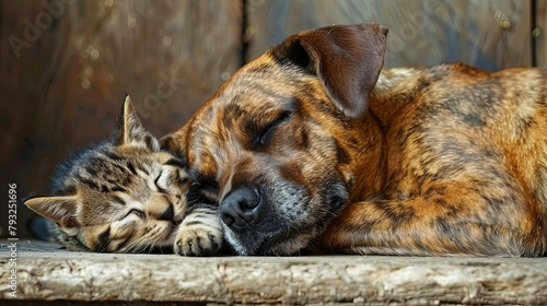 A cat and a dog are sleeping together on a wooden surface