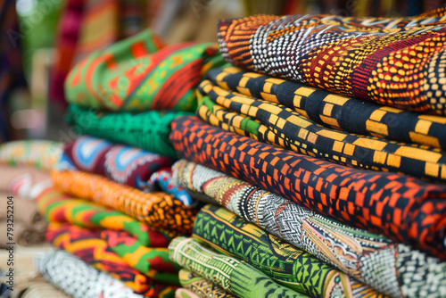 Colorful African Ghanaian textiles and fabrics in a local market. Geometric patterns of Kente cloth, a symbol of Ghanaian heritage