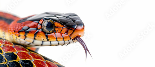Venomous Eastern coral snake - Micrurus fulvius - close up macro of head, eyes, tongue. Side view of whole snake with great scale detail isolated on white background photo