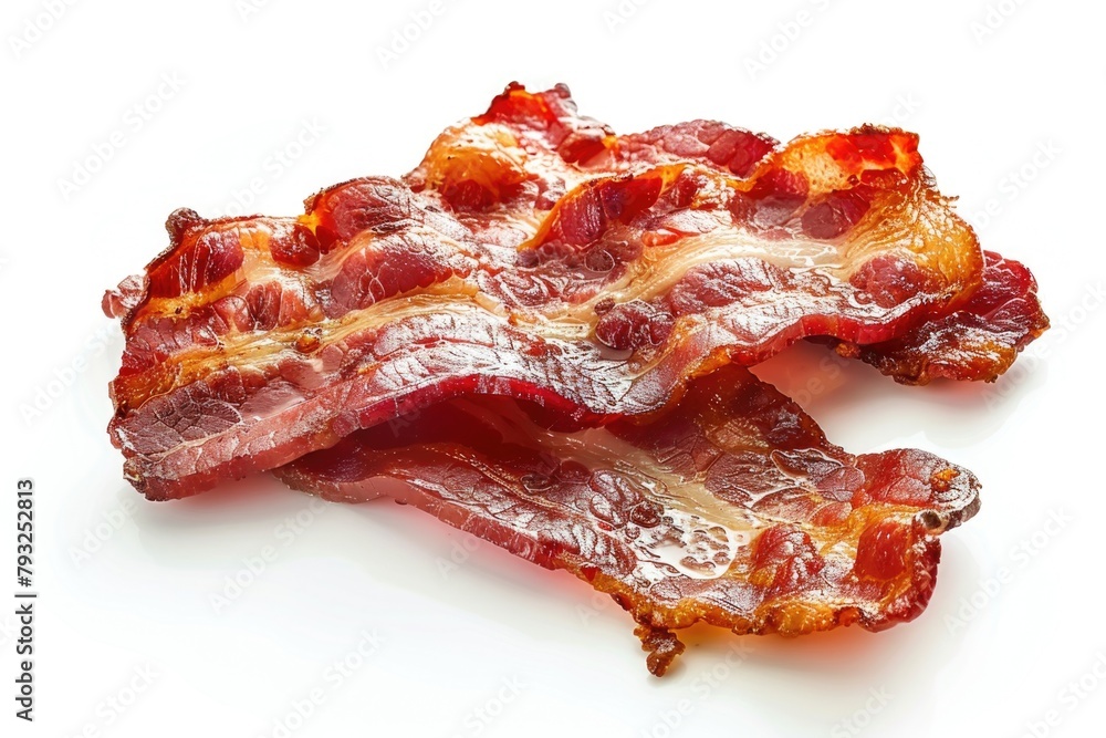 A pile of bacon on a white surface. Suitable for food blogs