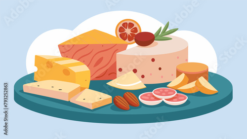 A picturesque display of soft cheeses such as camembert and feta paired with crunchy crackers and delicate slices of prosciutto. A sprinkle of chopped.