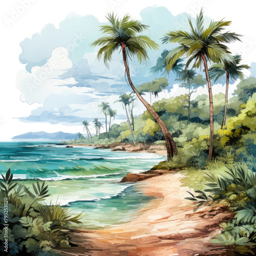 Watercolor Beach Landscape  clipart Illustration  Generative Ai