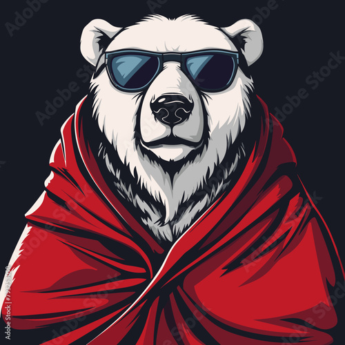 Polar bear in a red scarf and sunglasses. Vector illustration.