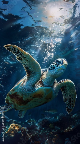 A sea turtle gracefully swimming in the ocean depths with dramatic lighting, showcasing detailed textures and vibrant colors. © ME_Photography