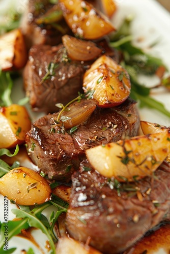 A white plate with delicious meat and potatoes, perfect for food-related projects