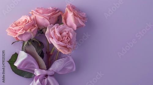 A lovely arrangement of pink roses tied with a bow set against a lilac background featuring copy space and a wedding theme
