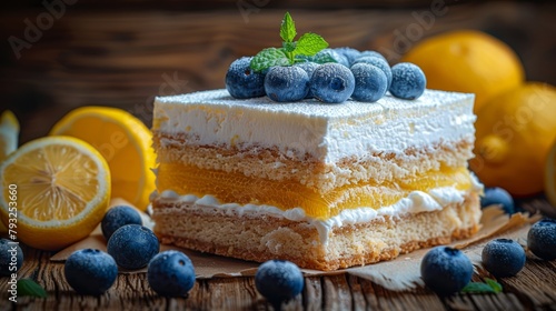   A cake sits atop a wooden table, surrounded by lemons and blueberries photo