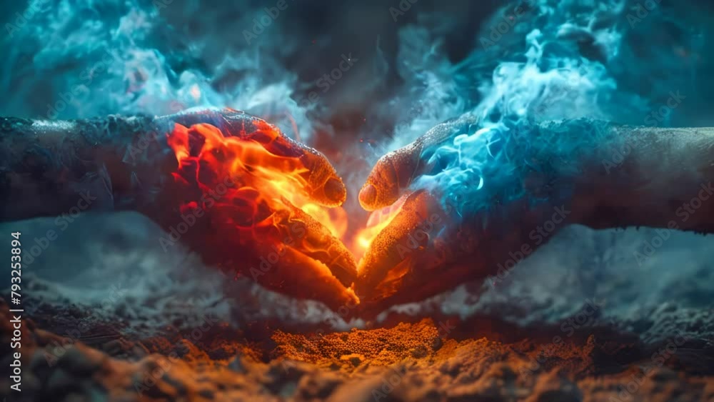 Two energy fire hands forming a heart shape on dark background. Love and romance concept
