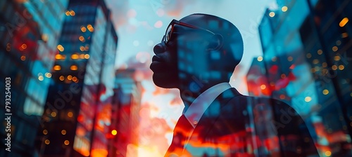 Business Fusion: Corporate Tower Silhouette with Black Businessman Overlay in Double Exposure Style Background