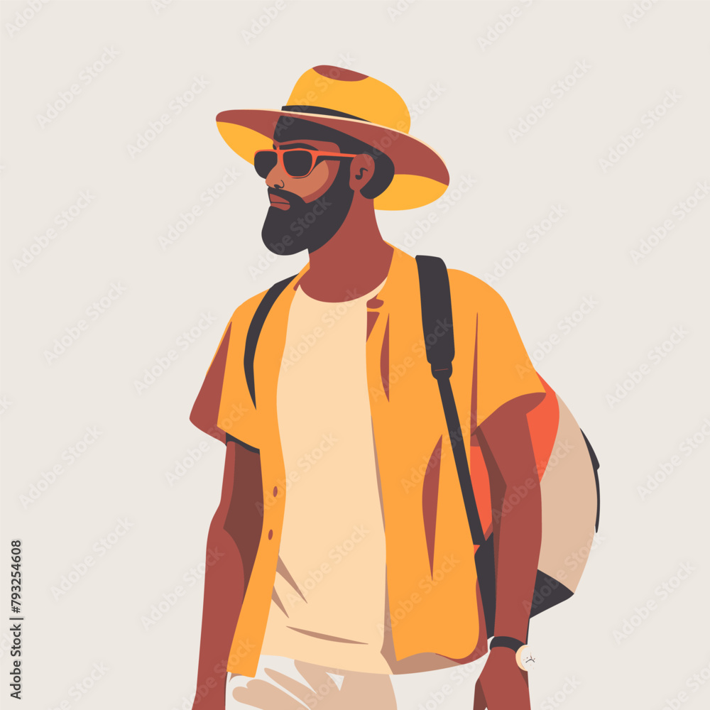Stylish hipster man in hat and sunglasses with backpack. Vector illustration Stylish hipster man in hat and sunglasses with backpack. Vector illustration