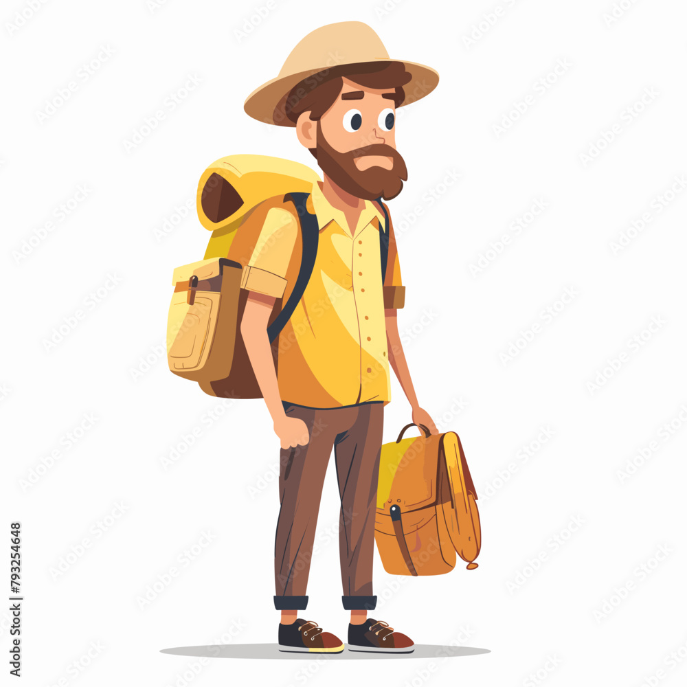 A man with a backpack and a hat is standing on a white background A man with a backpack and a hat is standing on a white background