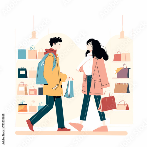 A man and a woman are walking in a store