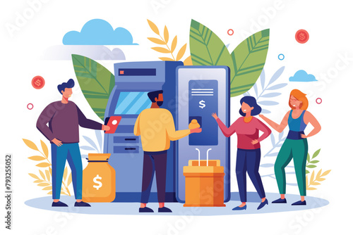 Individuals withdrawing money from a cash machine in a group setting, People are withdrawing money at ATMs using bank accounts, Simple and minimalist flat Vector Illustration