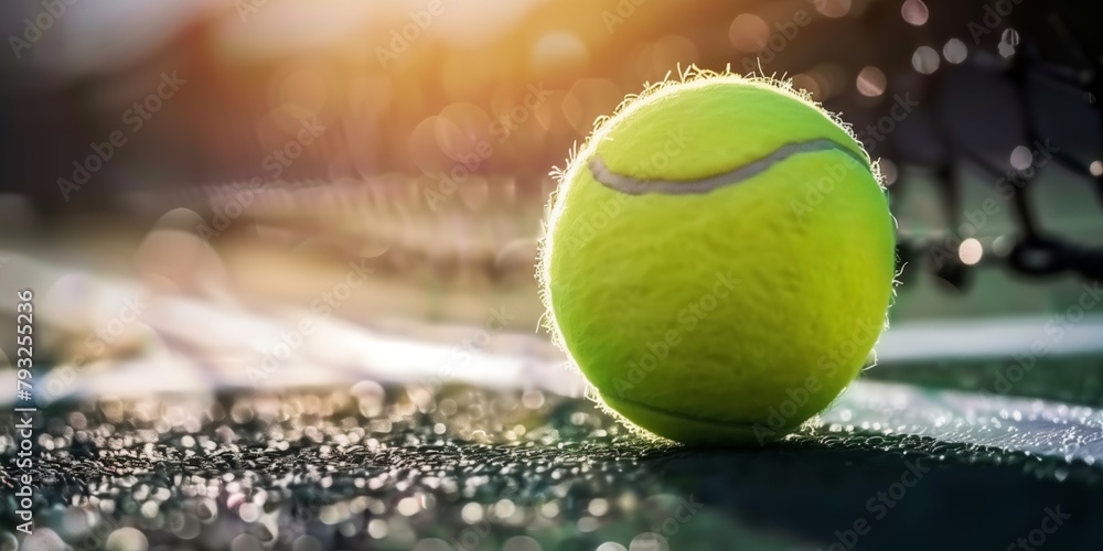 A tennis ball rests on a green tennis court, ready for play or training.