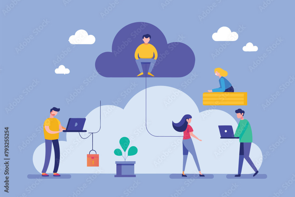 Team Working on Laptops Atop Cloud, people back up cloud connections, Simple and minimalist flat Vector Illustration