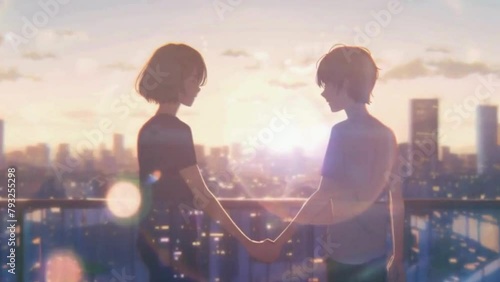 Couple Lofi anime holding hands enjoying the afternoon view of the city. romantic glow, a chill anime lo-fi hip hop vibe Lofi animation. Seamless loop. motion graphics, hand-drawn Japanese anime photo