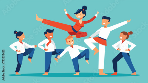 A class practicing their balance on one leg while also laughing and joking symbolizing the physical and mental balance required in both