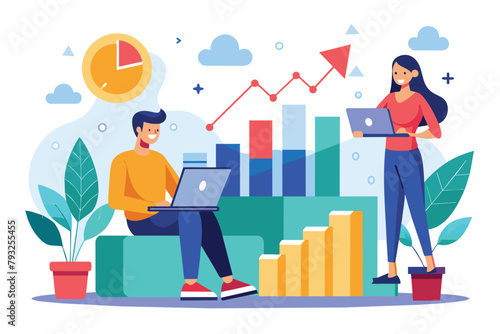 Man and Woman Working on Laptops on Couch, People build strategy to increase business revenue using laptop, Simple and minimalist flat Vector Illustration