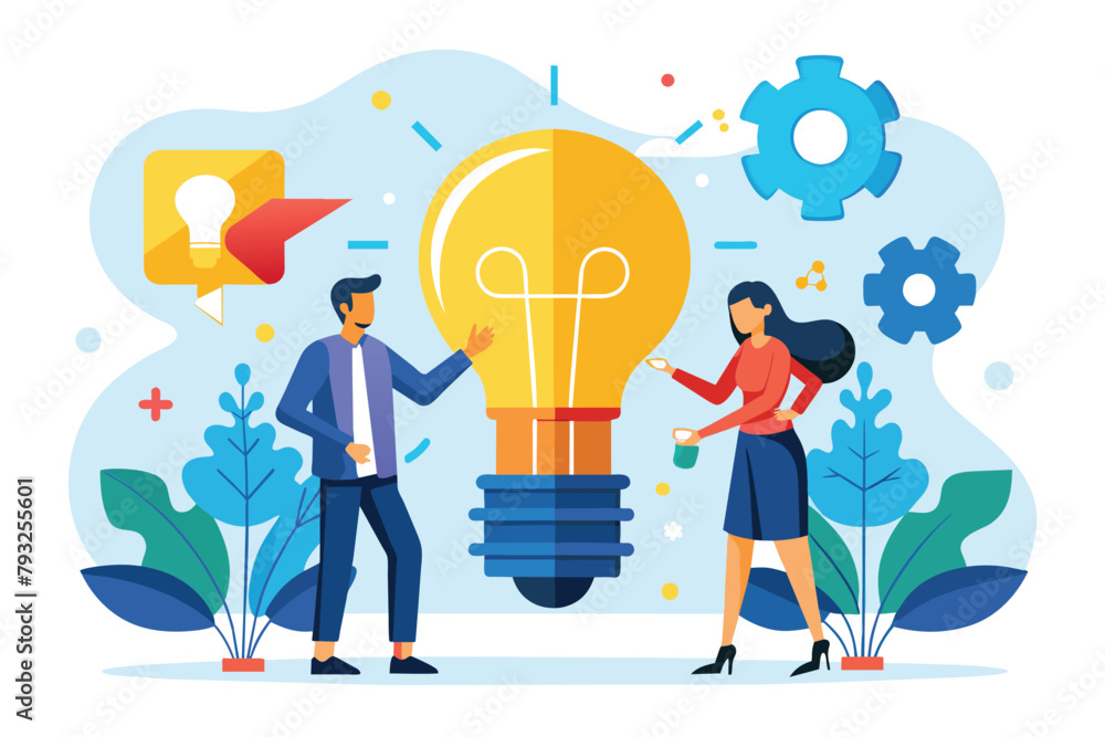 Man and Woman Standing Next to Light Bulb, People connecting bulb puzzle pieces, business innovation trending, Simple and minimalist flat Vector Illustration Man and Woman Standing Next to Light Bulb, People connecting bulb puzzle pieces, business innovation trending, Simple and minimalist flat Vector Illustration