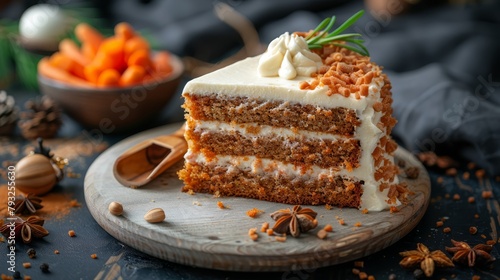   A carrot cake sits atop a wooden plate  accompanied by a bowl holding carsrot pieces and nuts