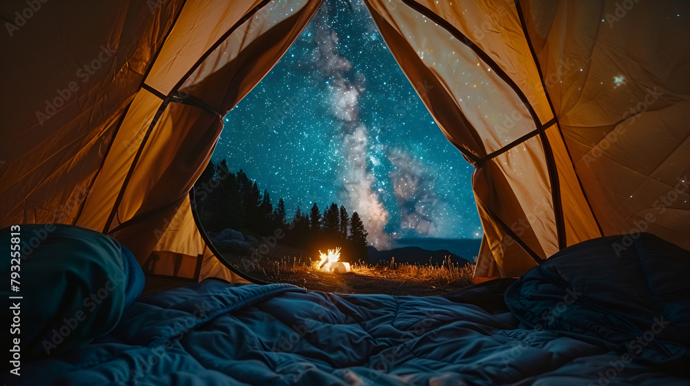 Camping under the stars, cozy tent perspective with a glowing night sky ...