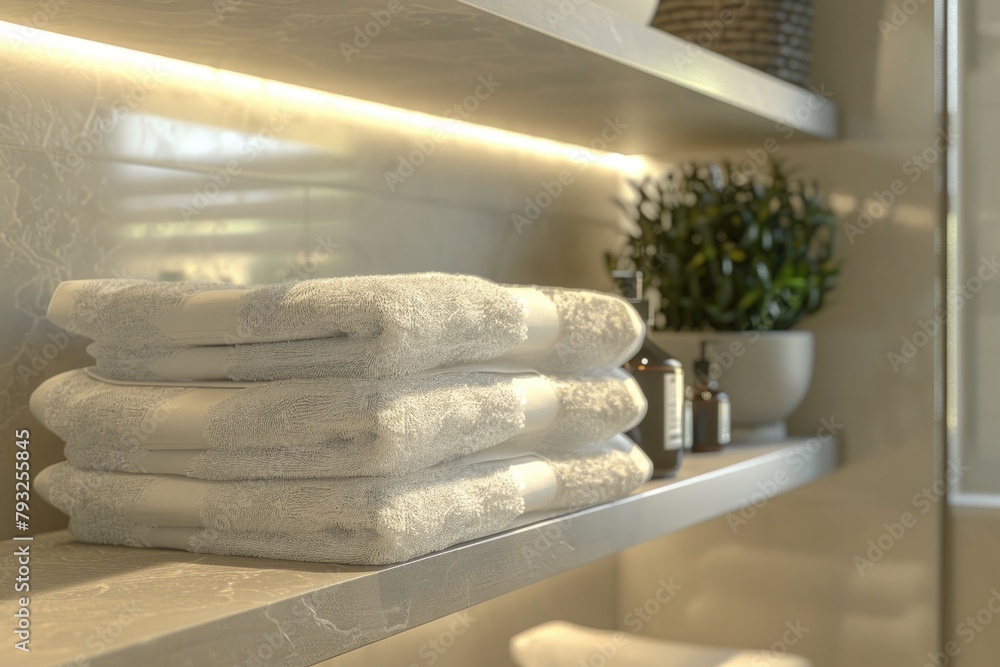 Neatly organized stack of towels on a bathroom shelf. Useful for home decor or interior design projects