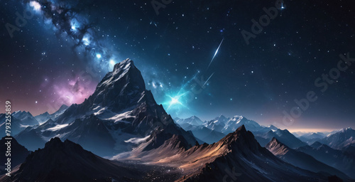 Majestic Mountain Under the Milky Way. A majestic mountain peak reaches for a sky filled with a million twinkling stars. The Milky Way stretches across the dark blue canvas above.