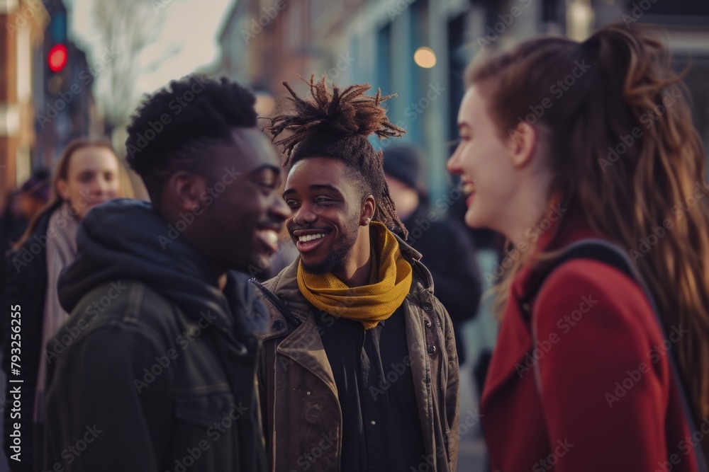 Group of friends walking in the city. Group of young people having fun together.