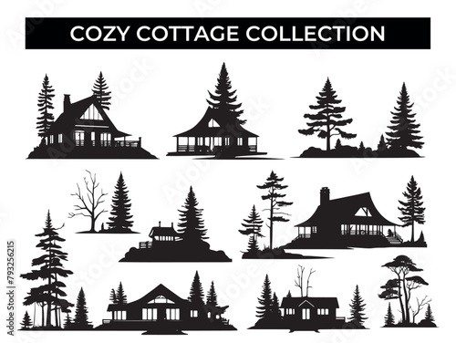 Collection of Black and White Cottages and Trees