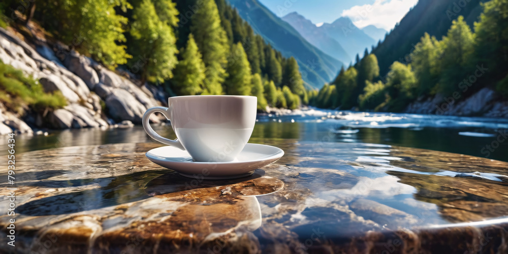 morning in the mountains. cup of coffee morning in the mountains. cup of coffee
