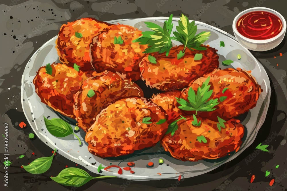 A plate of food with sauce and parsley. Suitable for food and cooking concepts A plate of food with sauce and parsley. Suitable for food and cooking concepts