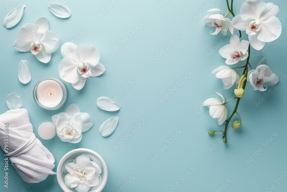 White towel and bowl of flowers on blue surface. Perfect for spa or relaxation concepts White towel and bowl of flowers on blue surface. Perfect for spa or relaxation concepts