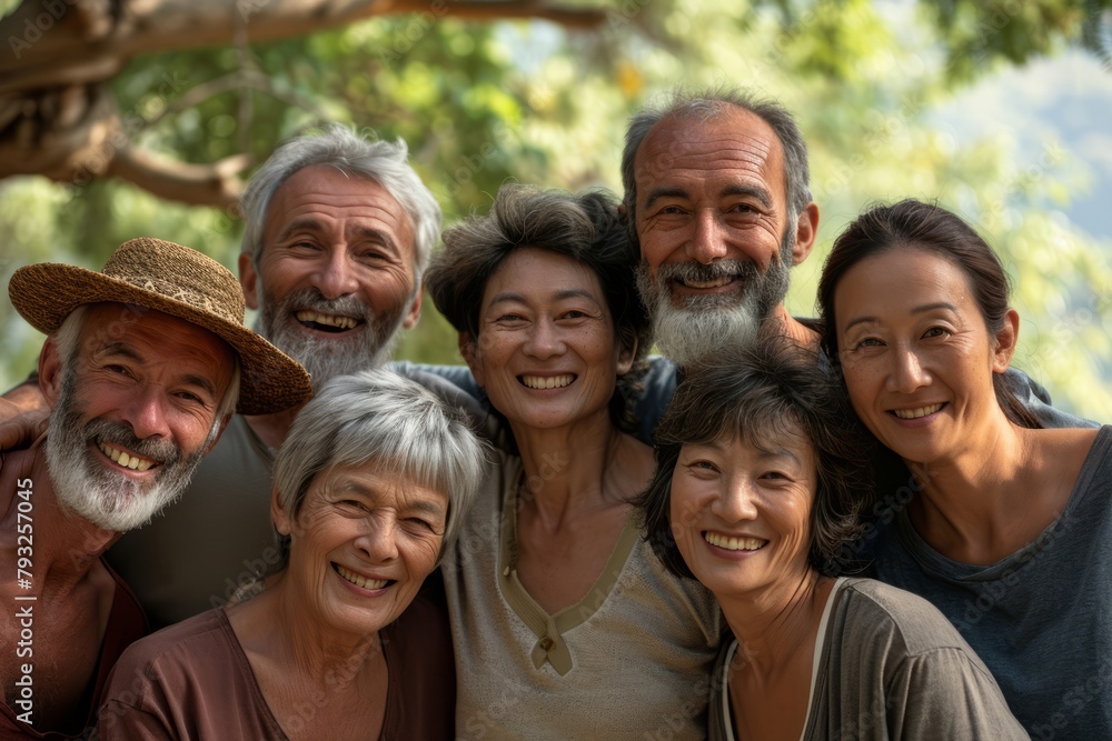 Group of senior friends having fun together in the park - Multiethnic group of people bonding outdoors - Happy senior people having fun together