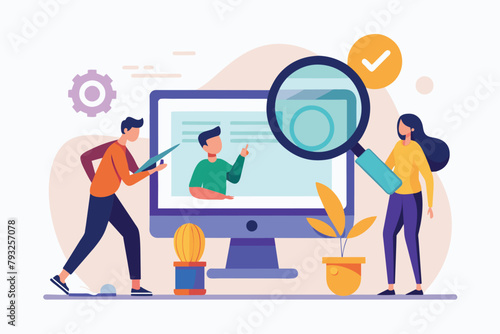 People Examining Computer Screen With Magnifying Glass, people looking at a computer screen with a magnifying glass, Simple and minimalist flat Vector Illustration