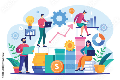 Group of People Sitting on Top of Stacks of Money, people managing financial business development, Simple and minimalist flat Vector Illustration