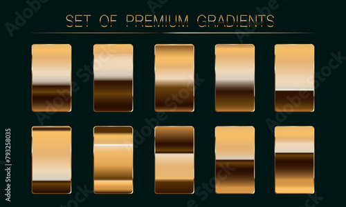 Premium set of gold gradients. Set of metallic holiday gold vector gradients. For luxury badges, certification cards, invitations, backgrounds, borders, ribbons.